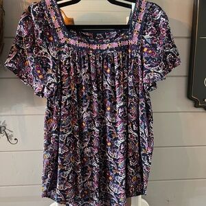 intro. Navy Floral Paisley Smocked Square-Neck Blouse